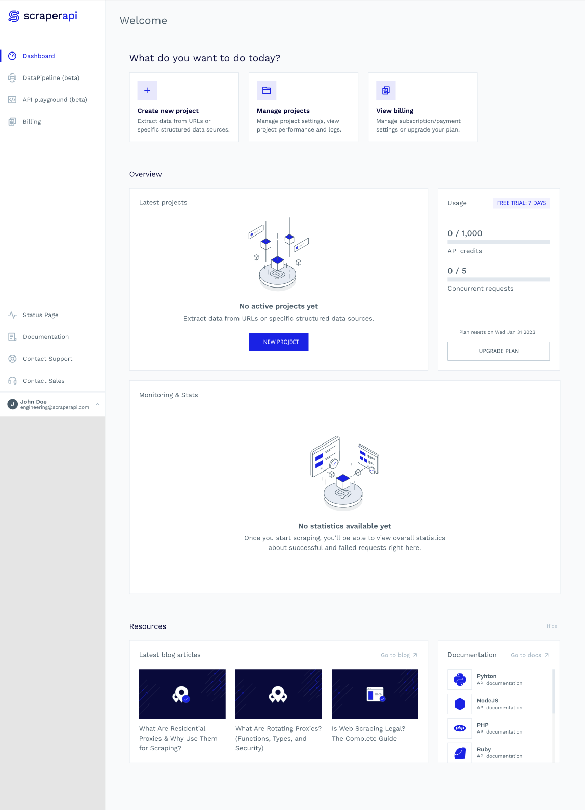ScraperAPI dashboard